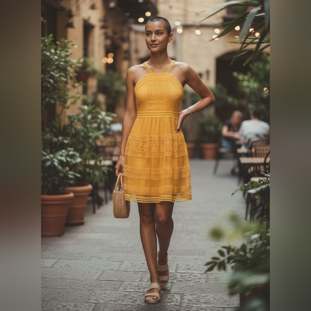 Tahari ASL Honey On My Mind Dress Womens Size 4 Crochet Fit & Flare Honey Orange